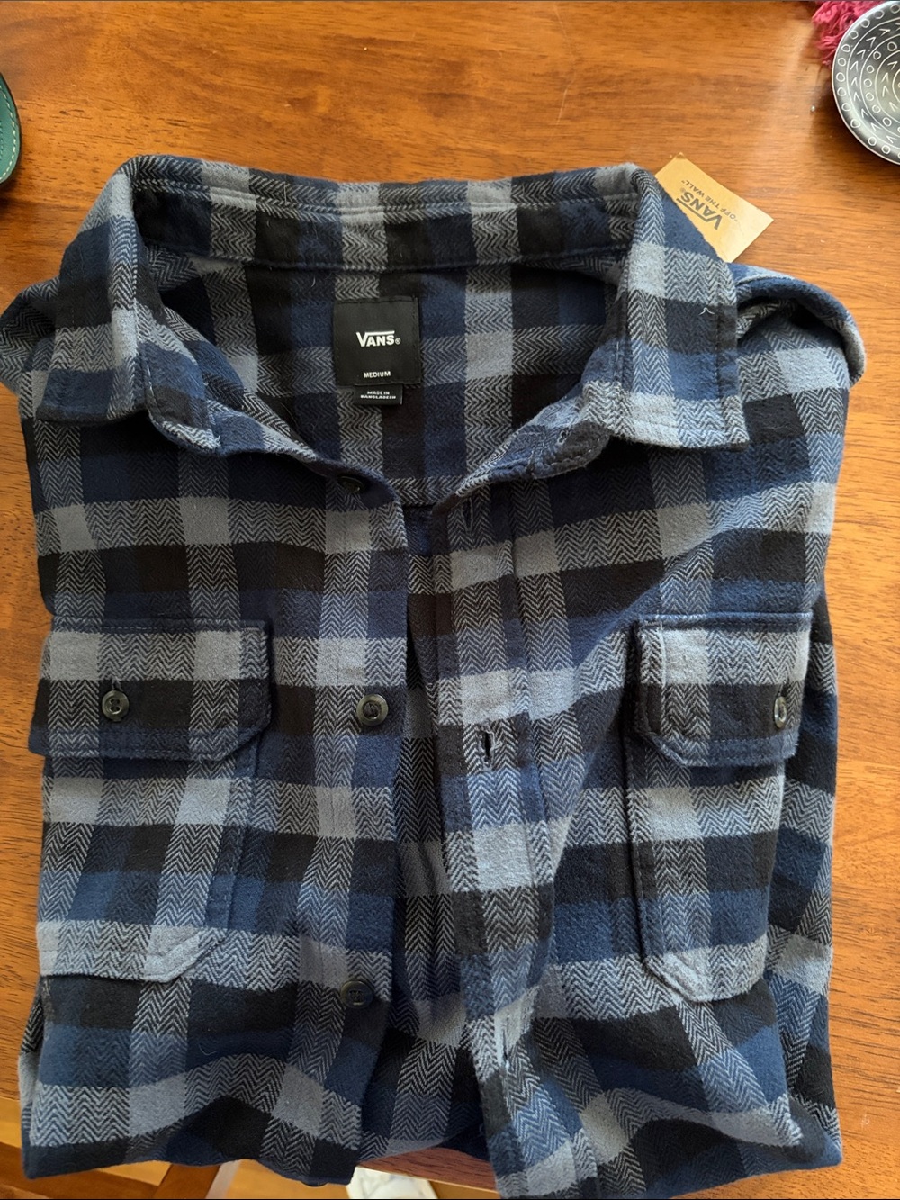 NWT Men’s Medium Vans Blue and Black Plaid Button-Front Shirt